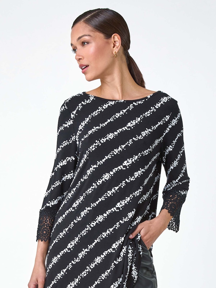 Roman Black Spot Stripe Lace Trim Stretch Tunic Top - Image 3 of 6