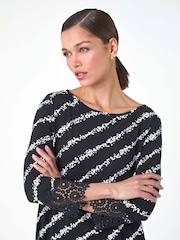 Roman Black Spot Stripe Lace Trim Stretch Tunic Top - Image 5 of 6