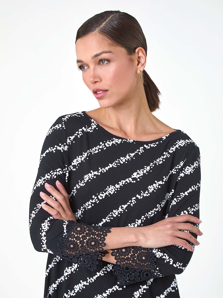 Roman Black Spot Stripe Lace Trim Stretch Tunic Top - Image 5 of 6