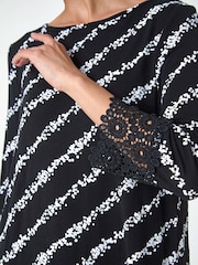 Roman Black Spot Stripe Lace Trim Stretch Tunic Top - Image 6 of 6