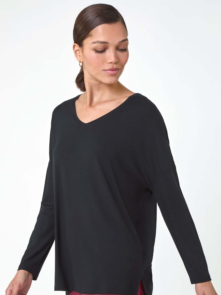 Roman Black V-Neck Tunic Stretch Tunic Top - Image 1 of 5