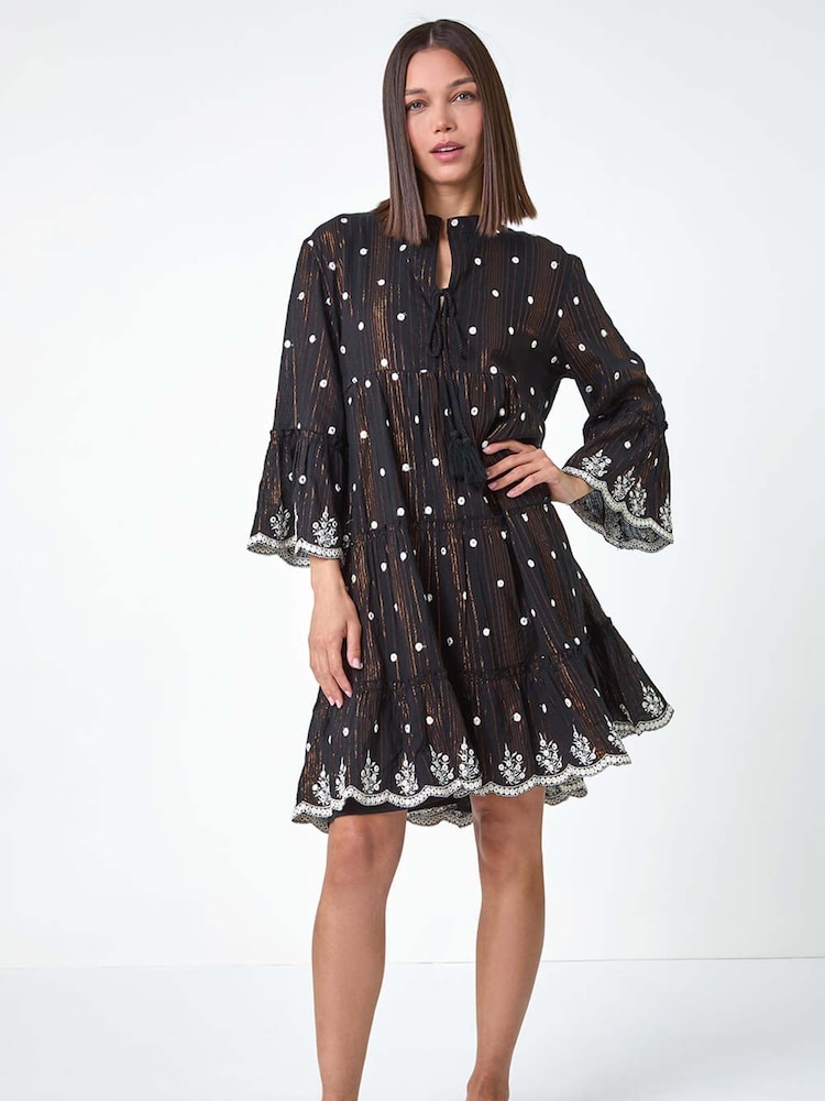 Roman Black Mirrored Shimmer Detail 100% Cotton Smock Dress - Image 2 of 5
