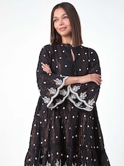 Roman Black Mirrored Shimmer Detail 100% Cotton Smock Dress - Image 4 of 5