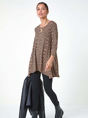 Roman Brown Abstract Linear Print Cutout Tunic Top - Image 1 of 5