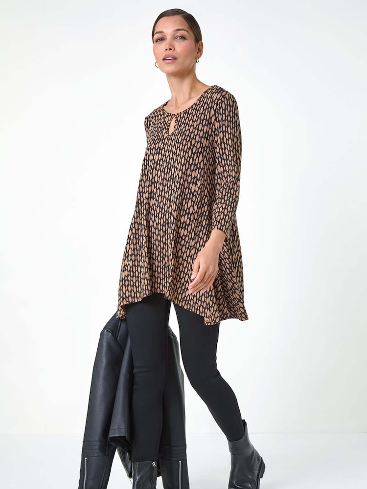 Roman Brown Abstract Linear Print Cutout Tunic Top - Image 1 of 5