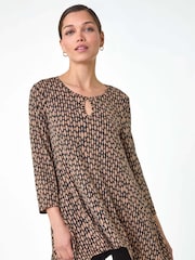 Roman Brown Abstract Linear Print Cutout Tunic Top - Image 2 of 5