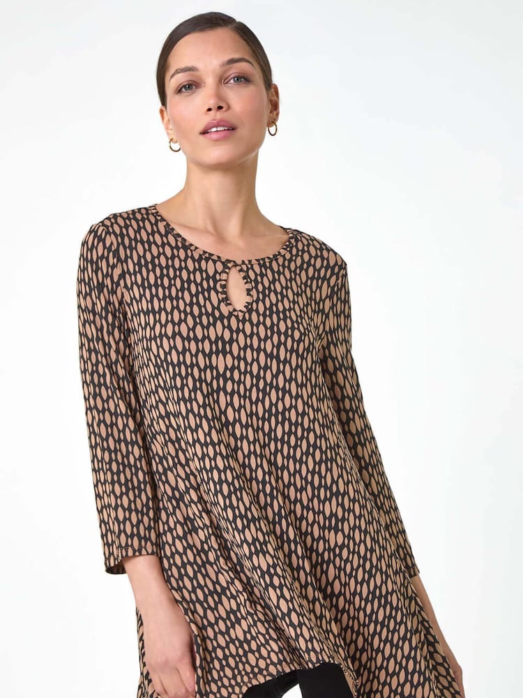 Roman Brown Abstract Linear Print Cutout Tunic Top - Image 2 of 5
