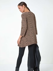 Roman Brown Abstract Linear Print Cutout Tunic Top - Image 3 of 5