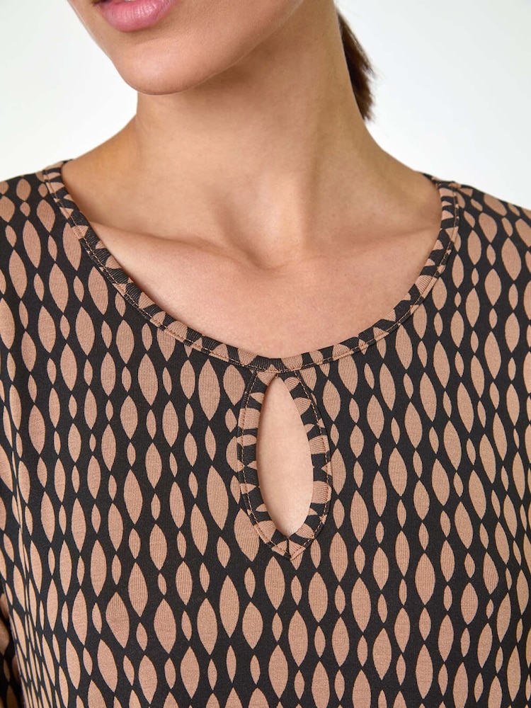 Roman Brown Abstract Linear Print Cutout Tunic Top - Image 5 of 5