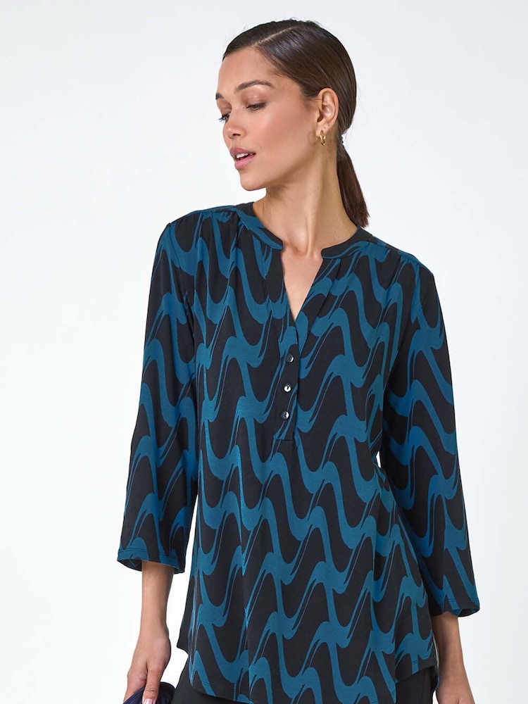 Roman Blue Geometric Print Stretch Blouse - Image 2 of 5