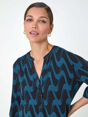 Roman Blue Geometric Print Stretch Blouse - Image 4 of 5