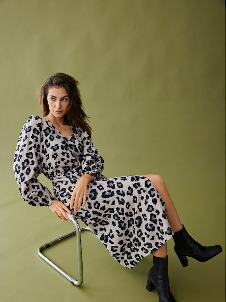 JDY Grey Long Sleeve Leopard Print Midi Dress - Image 1 of 7