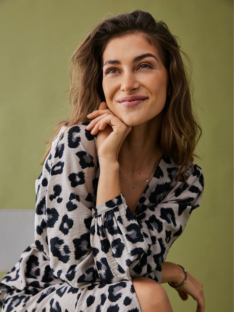 JDY Grey Long Sleeve Leopard Print Midi Dress - Image 2 of 7