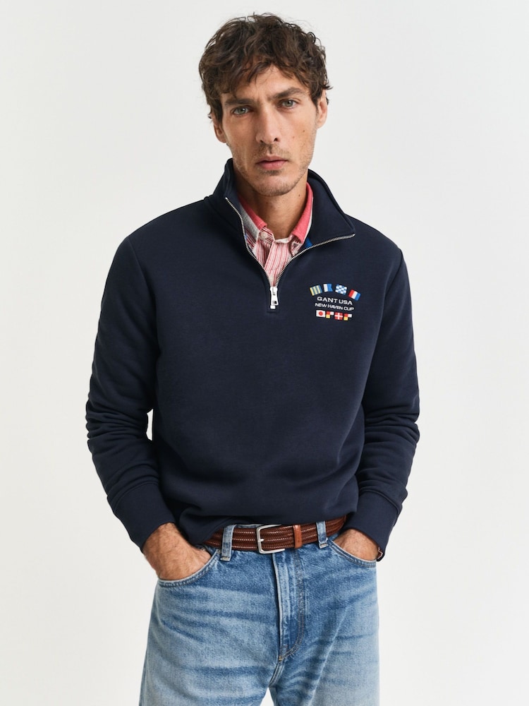 GANT Navy Graphic Half Zip 100% Cotton Sweatshirt - Image 1 of 5