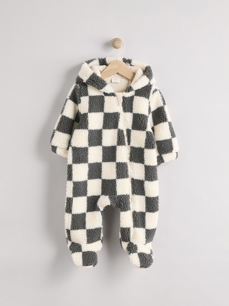 Grey Cosy Checkerboard Borg Baby Pramsuit (0mths-2yrs) - Image 1 of 7