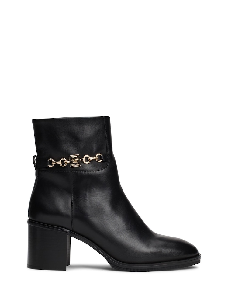 Tommy Hilfiger Chain Leather Mid Heel Black Boots - Image 1 of 7