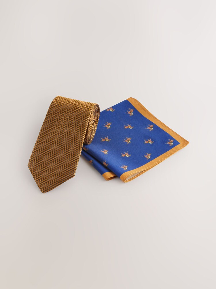Joules Mustard Yellow Horse Two-Piece Silk Tie And Pocket Square - Image 1 of 6 Joules Mustard Yellow Horse Two-Piece Silk Tie And Pocket Square - Image 1 of 6