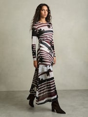 Reiss Burgundy/Black Chiara Stretch-Mesh Stripe-Print Ruched Dress - Image 1 of 5