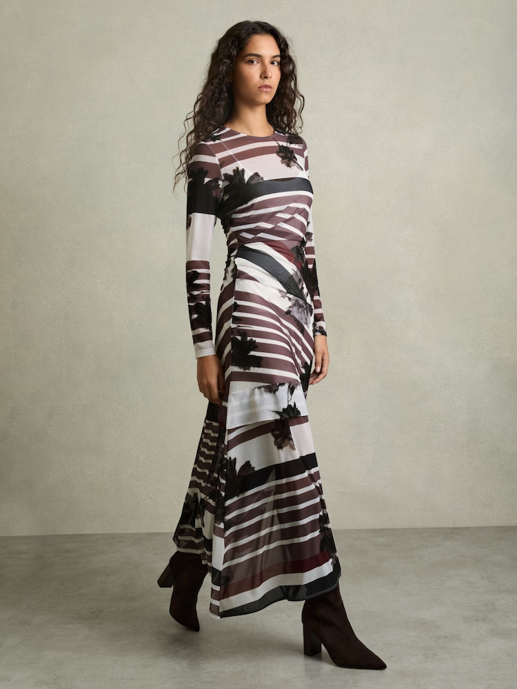Reiss Burgundy/Black Chiara Stretch-Mesh Stripe-Print Ruched Dress - Image 1 of 5