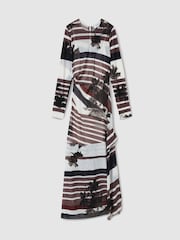 Reiss Burgundy/Black Chiara Stretch-Mesh Stripe-Print Ruched Dress - Image 2 of 5