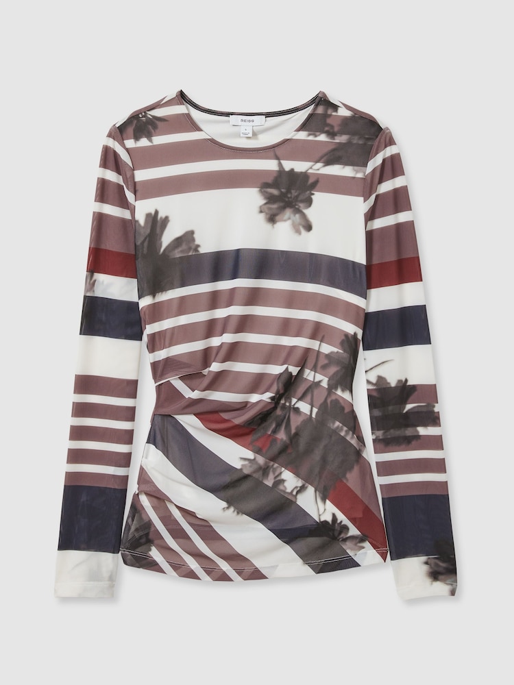 Reiss Burgundy Cara Ruched Abstract Stripe Top - Image 2 of 6