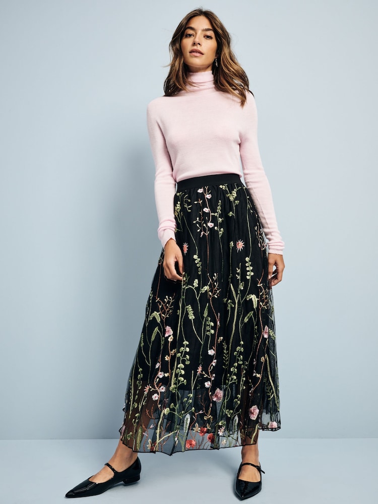 Black Embroidered Mesh Tulle Boho Maxi Skirt - Image 1 of 7