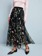Black Embroidered Mesh Tulle Boho Maxi Skirt - Image 2 of 7