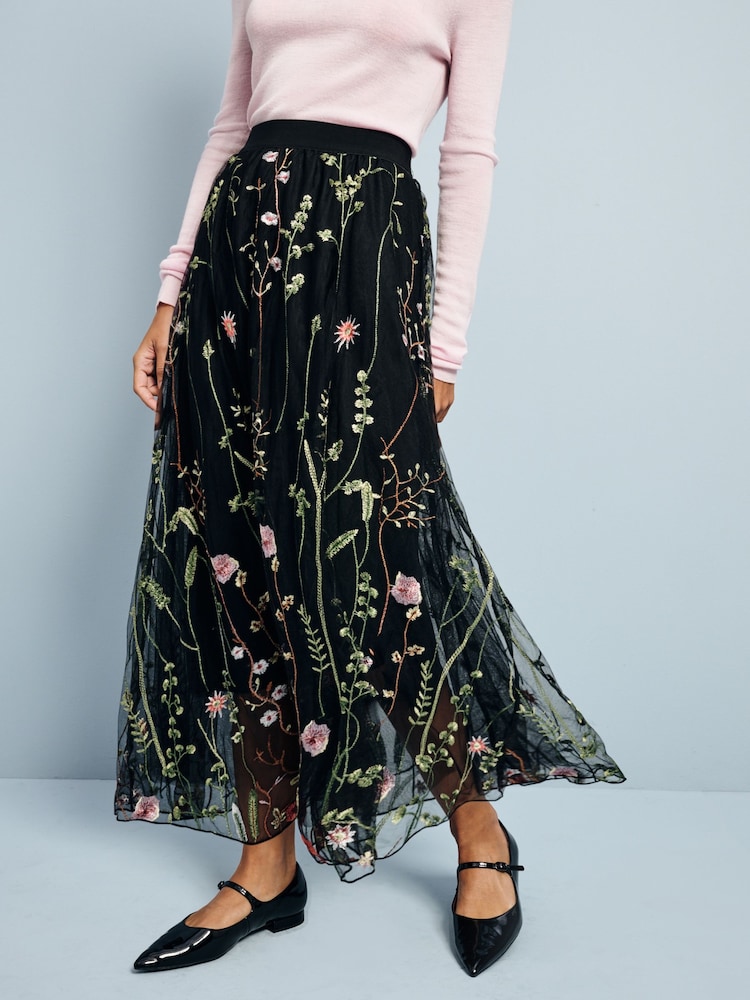 Black Embroidered Mesh Tulle Boho Maxi Skirt - Image 2 of 7