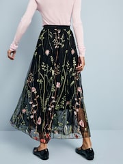 Black Embroidered Mesh Tulle Boho Maxi Skirt - Image 3 of 7