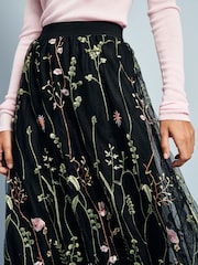 Black Embroidered Mesh Tulle Boho Maxi Skirt - Image 4 of 7