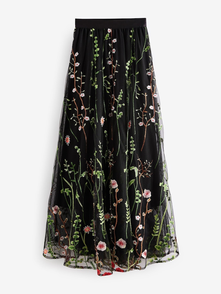 Black Embroidered Mesh Tulle Boho Maxi Skirt - Image 5 of 7