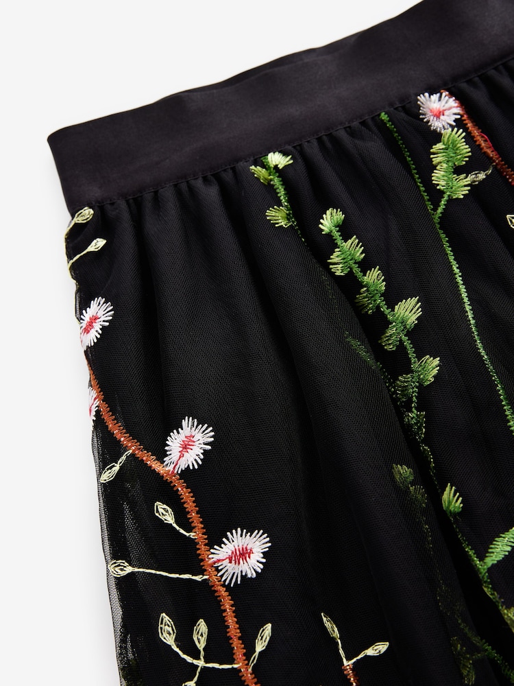 Black Embroidered Mesh Tulle Boho Maxi Skirt - Image 6 of 7