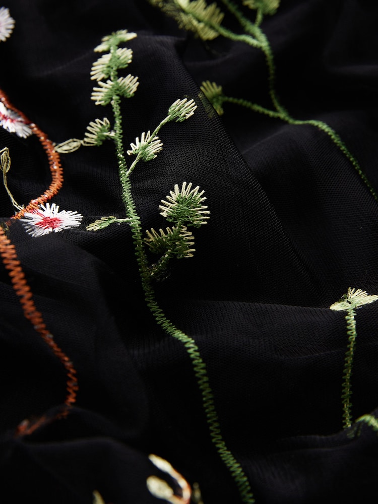 Black Embroidered Mesh Tulle Boho Maxi Skirt - Image 7 of 7