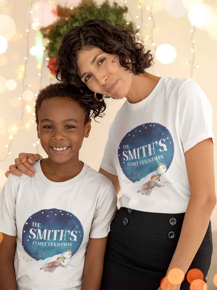 Star Editions Adults Personalised The Snowman Family Christmas White 100% Cotton T-Shirt - Image 1 of 3