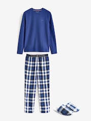 Tommy Hilfiger Blue Long Sleeved Pyjamas And Fluffy Slippers Set - Image 1 of 5