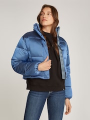Calvin Klein Blue Shiny Cropped Puffer Jacket - Image 1 of 7