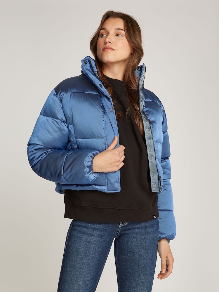 Calvin Klein Blue Shiny Cropped Puffer Jacket - Image 1 of 7