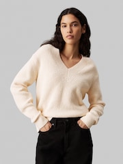 Calvin Klein Natural Relaxed Boucle Rib V-Neck Jumper - Image 1 of 4