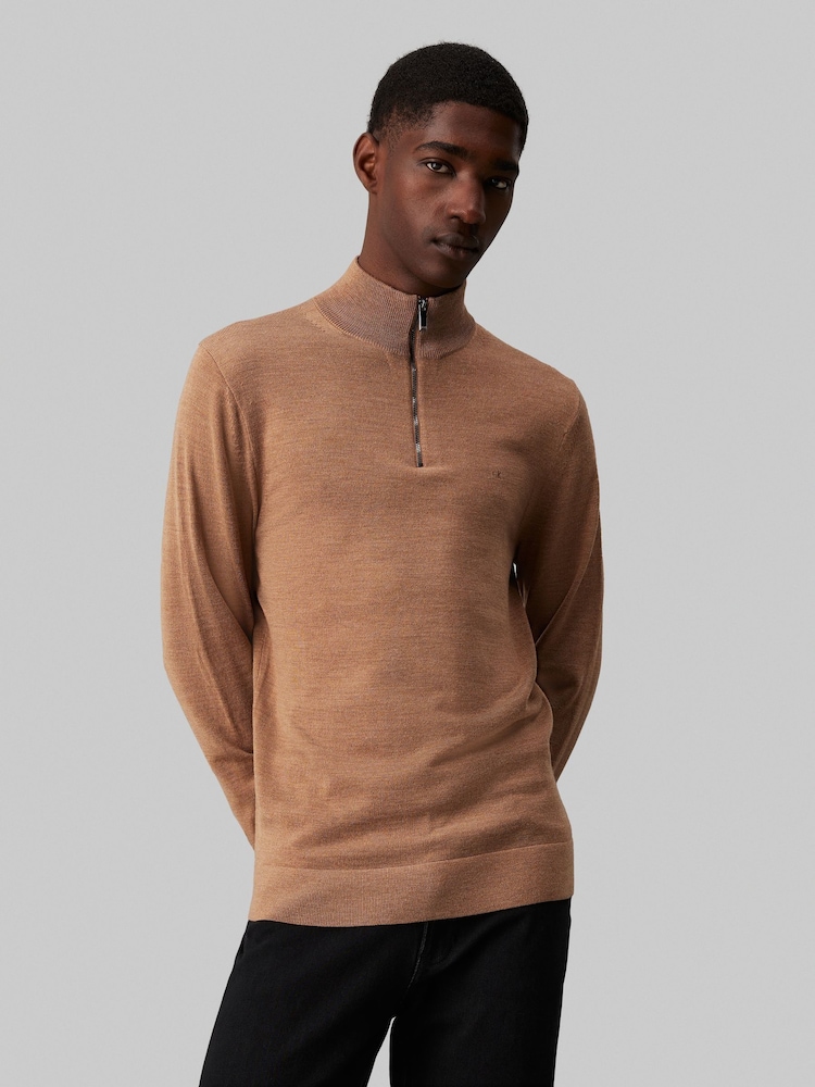 Calvin Klein Brown Merino Quarter Zip Jumper - Image 1 of 5 Calvin Klein Brown Merino Quarter Zip Jumper - Image 1 of 5