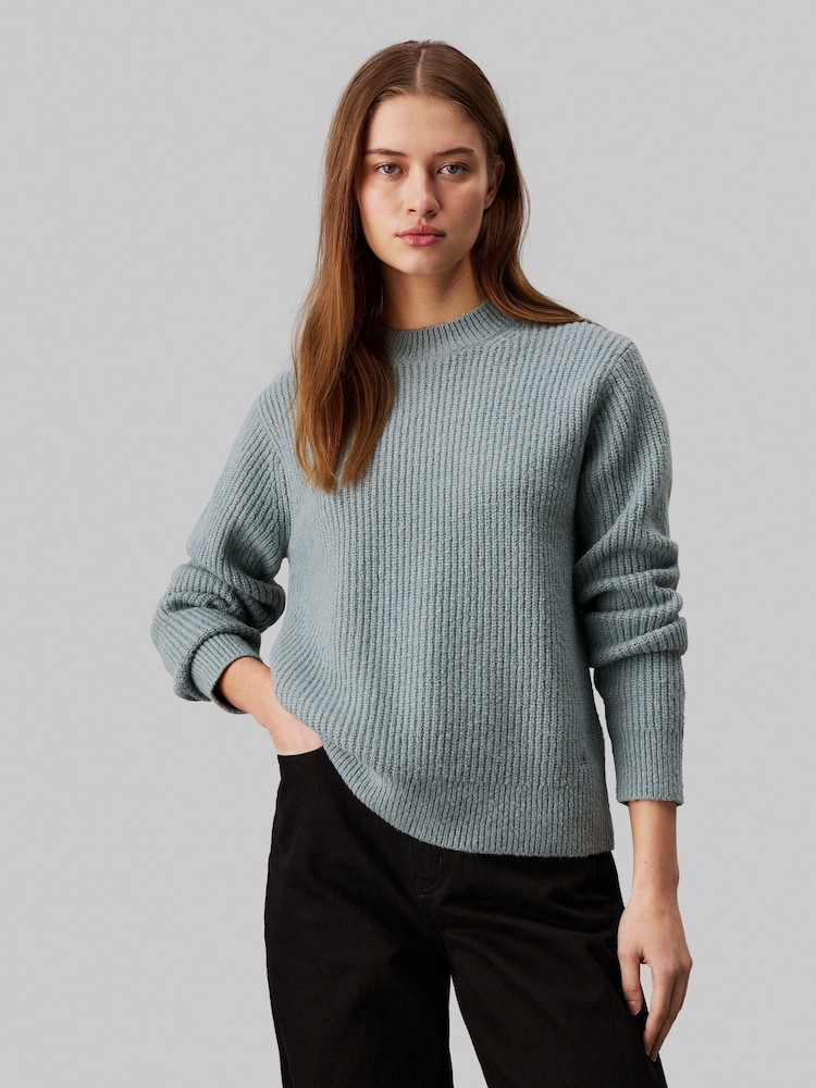 Calvin Klein Grey Boucle Rib Crew Neck Relaxed Jumper - Image 1 of 4