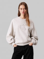 Calvin Klein Grey 100% Organic Cotton Chenille Monologo Crew Neck Sweatshirt - Image 1 of 5