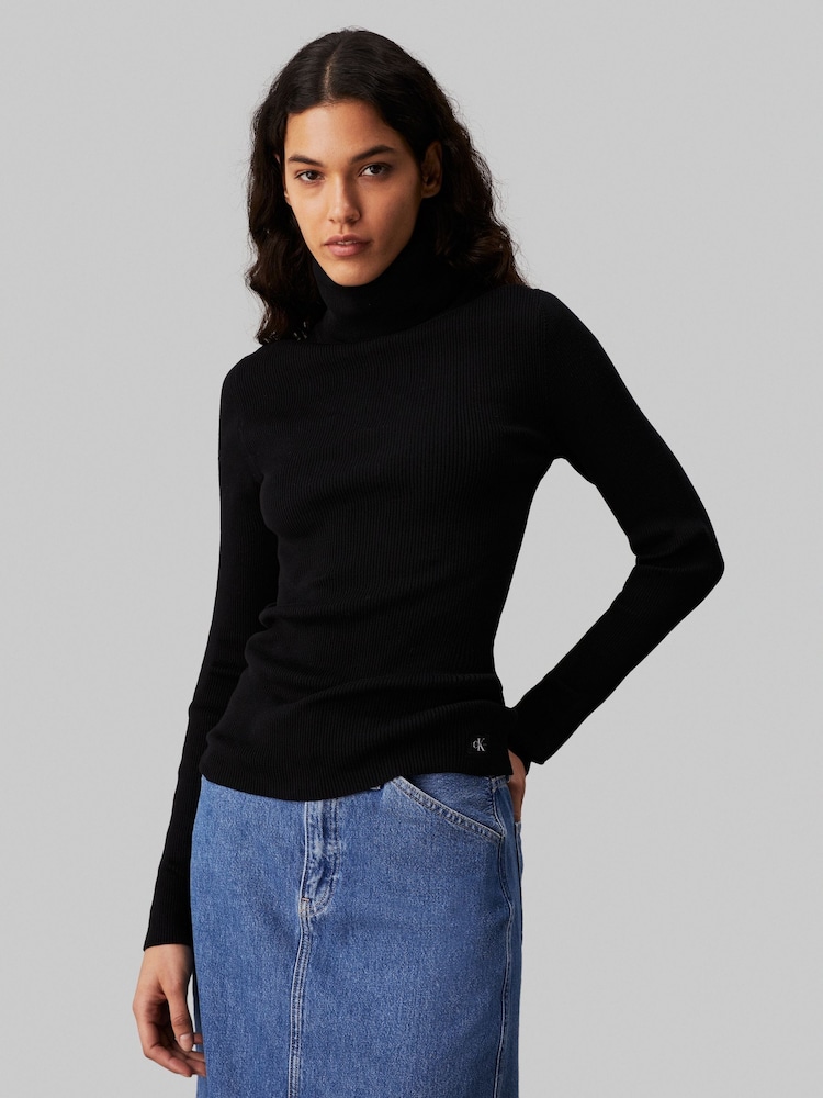 Calvin Klein Black Woven Label Roll Neck Jumper - Image 1 of 4