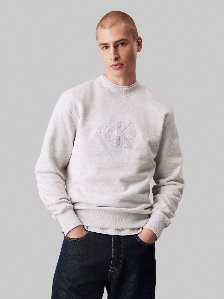 Calvin Klein Grey Chenille Monologo Crew Neck Sweatshirt - Image 1 of 4