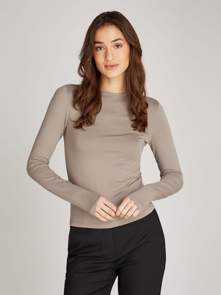 Calvin Klein Brown Slim Fit Stretch Crew Neck Long Sleeved Top - Image 1 of 6