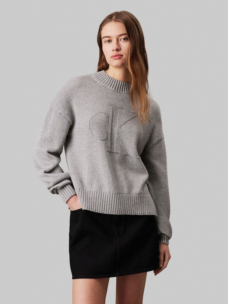 Calvin Klein Grey Intarsia Loose Jumper - Image 1 of 4
