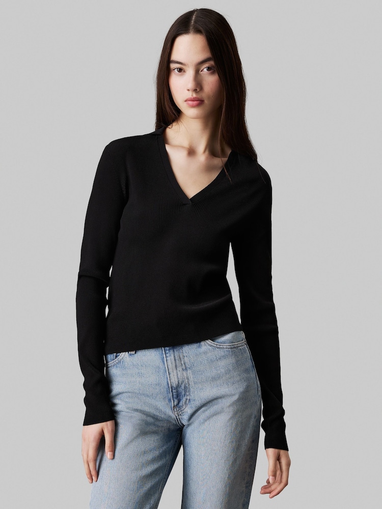 Calvin Klein Black V-Neck Viscose Jumper - Image 1 of 4