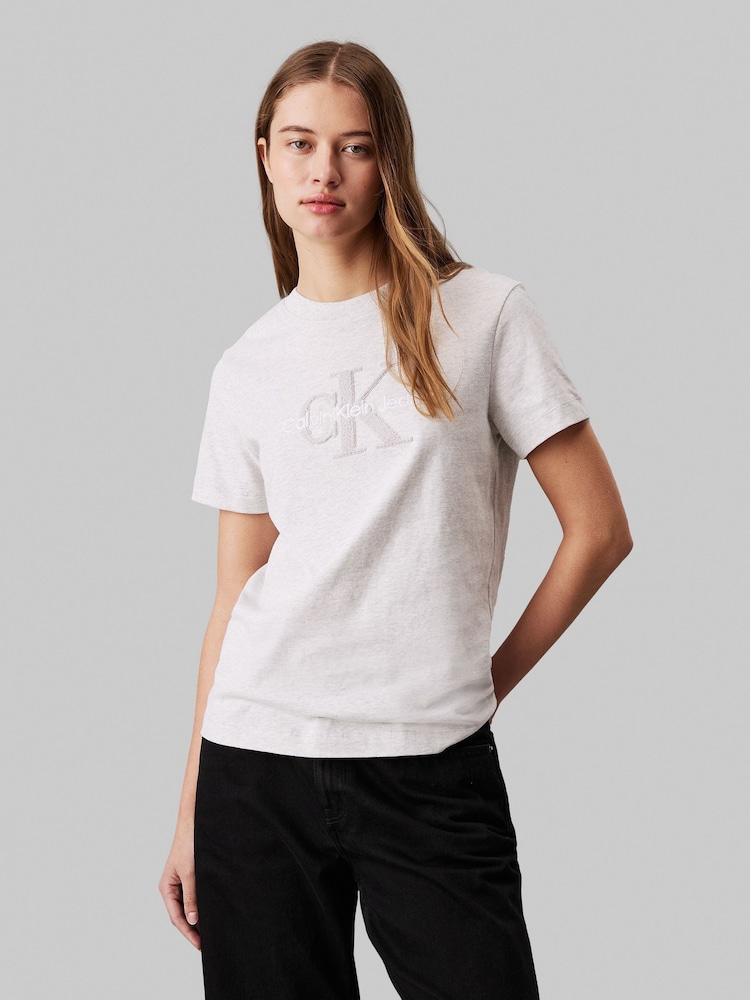 Calvin Klein Grey Regular Fit 100% Cotton Chenille Monologo T-Shirt - Image 1 of 5