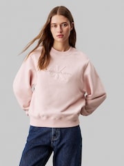 Calvin Klein Pink 100% Organic Cotton Chenille Monologo Crew Neck Sweatshirt - Image 1 of 4