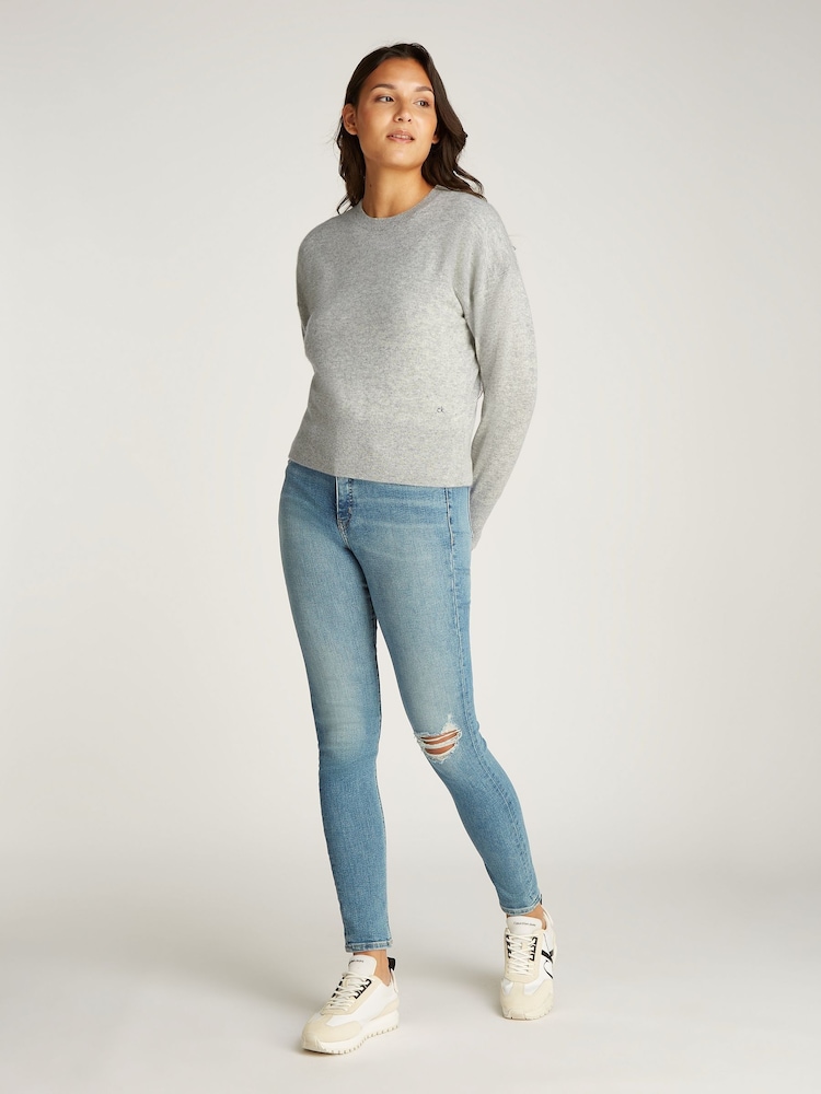 Calvin Klein Grey Cashmere Crew Neck Long Sleeved Jumper - Image 1 of 5 Calvin Klein Grey Cashmere Crew Neck Long Sleeved Jumper - Image 1 of 5