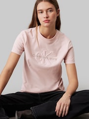 Calvin Klein Pink Regular Fit 100% Cotton Chenille Monologo T-Shirt - Image 4 of 4